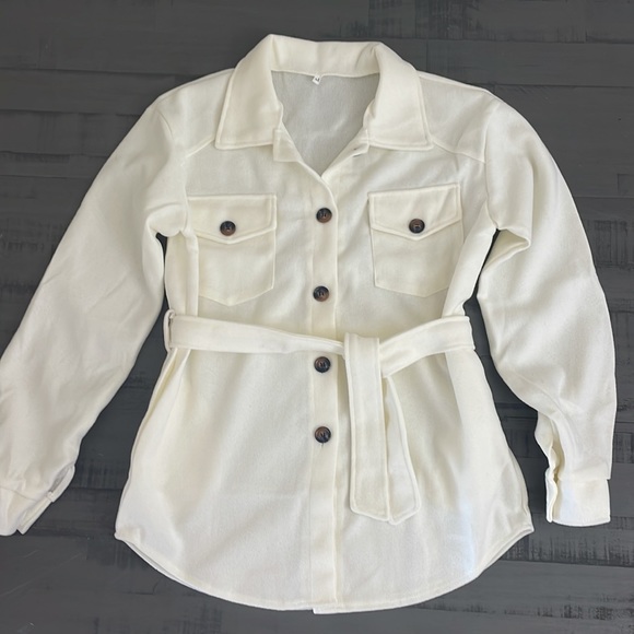 22Cream Pocket Button Belt Chic Boho Brush Utility fitted lightweight shacket - Picture 6 of 8